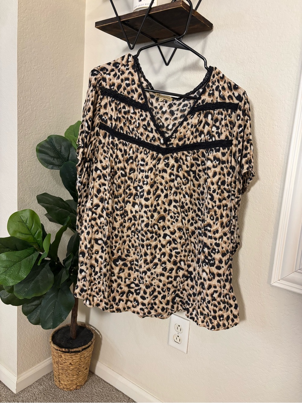 Democracy Leopard Print V-Neck Blouse with Black Trim